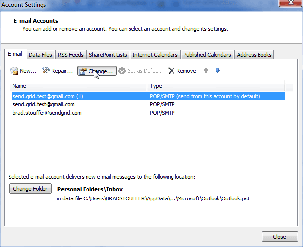 Outlook 2007 account settings showing email accounts and change option.