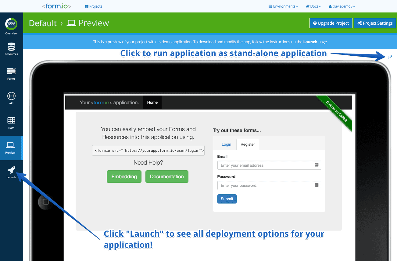Form.io interface with options to embed forms and launch application.