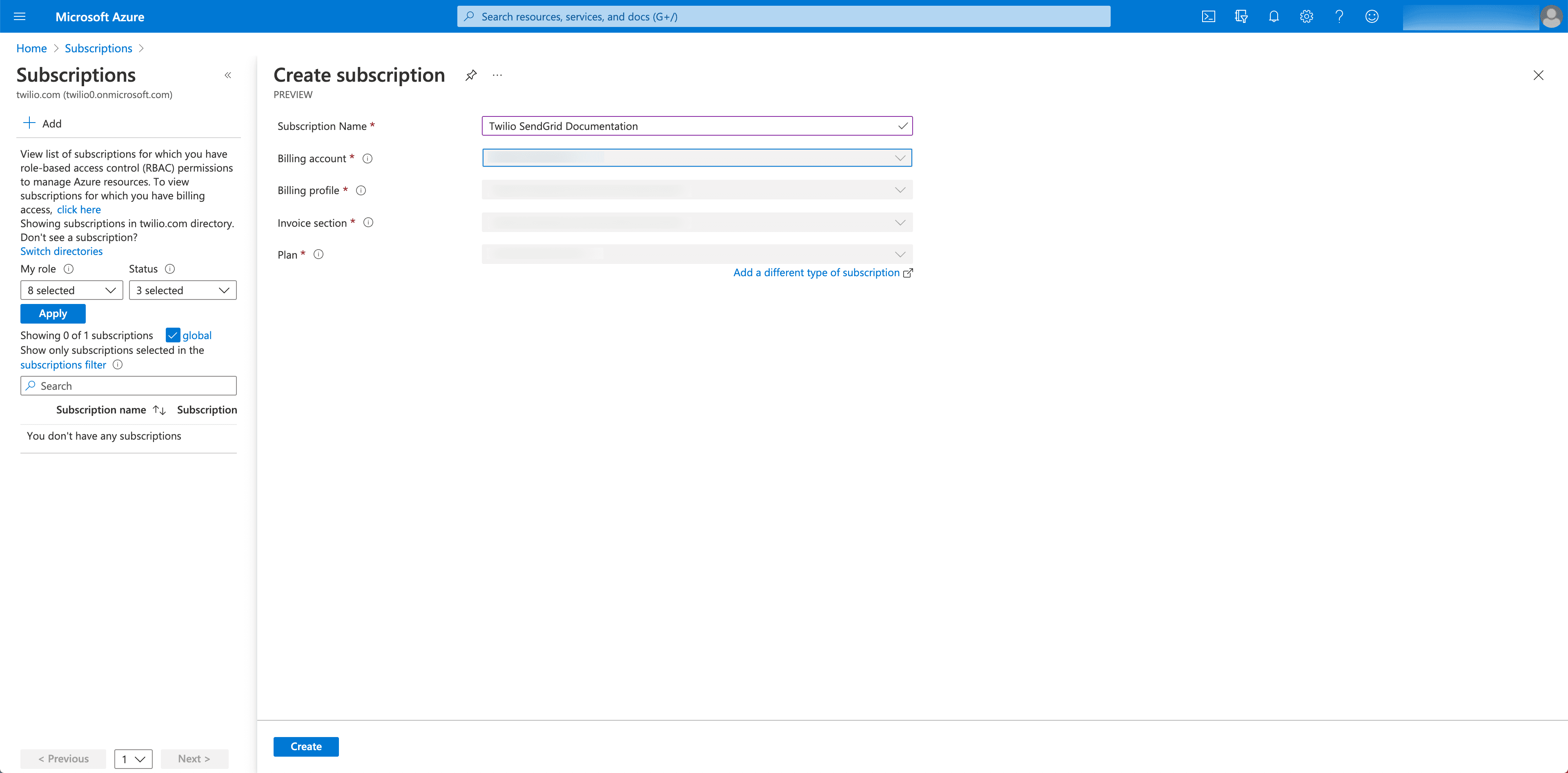 Azure Create Subscription form with 'Twilio SendGrid Documentation' as the subscription name.