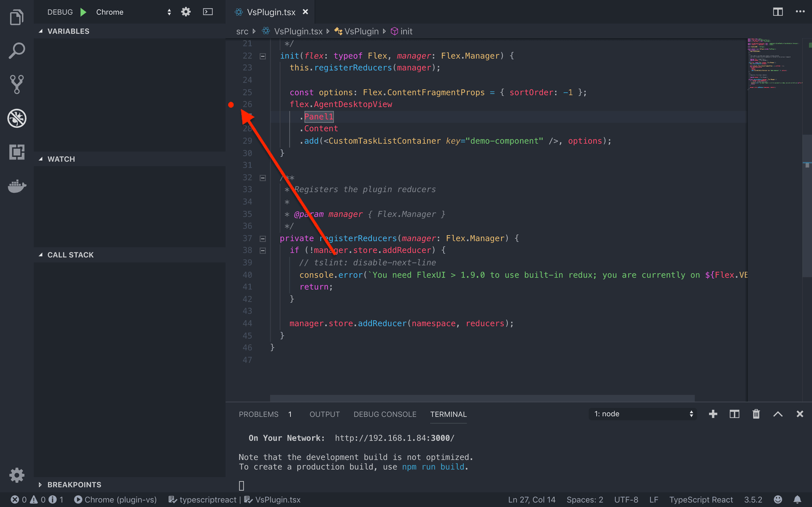 Visual Studio Code showing a breakpoint set at line 27 in a TypeScript file.