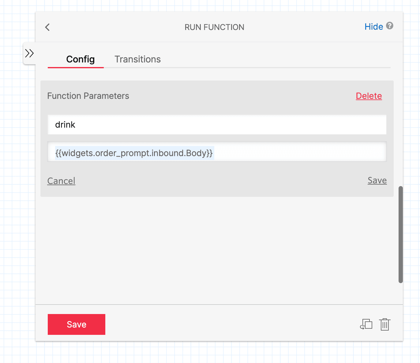 Twilio Studio function parameters with 'drink' and '{{widgets.order_prompt.inbound.Body}}'.