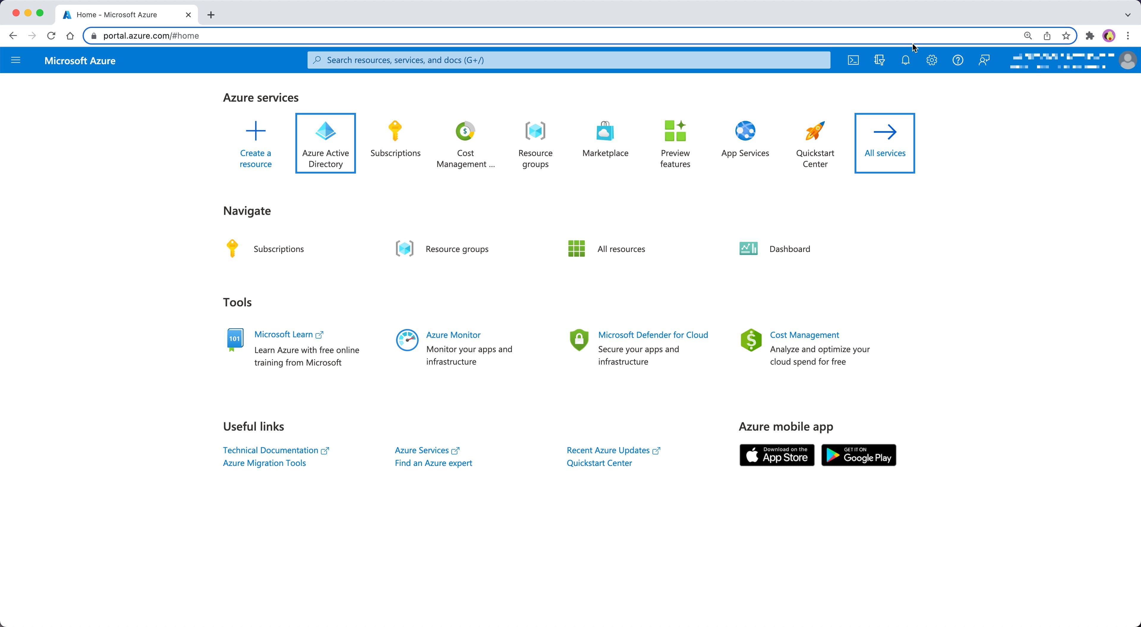Azure portal home with services like Active Directory and tools like Azure Monitor.