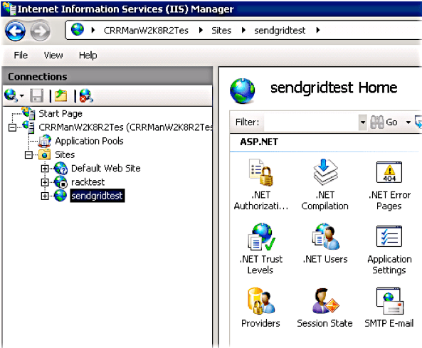 IIS Manager showing sendgridtest site with ASP.NET settings icons.