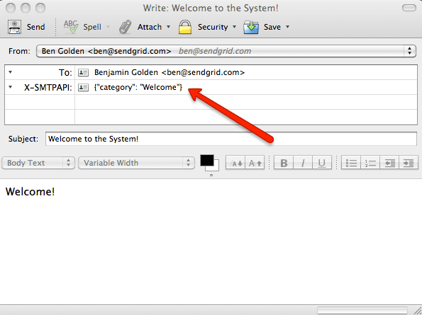 Email composition window with X-SMTPAPI field set to category 'Welcome'.