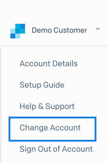 Dropdown menu with Change Account option highlighted under Demo Customer.