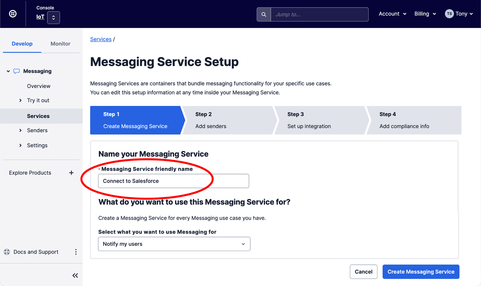 Messaging Service setup with step 1 highlighted, naming service 'Connect to Salesforce'.