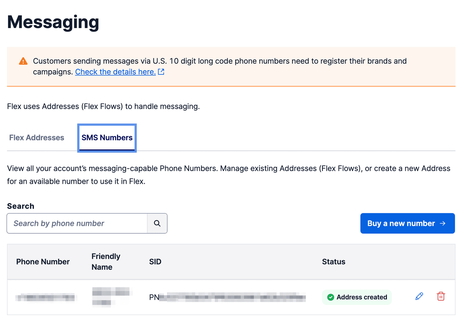 SMS Numbers tab showing phone number list with search and buy options.
