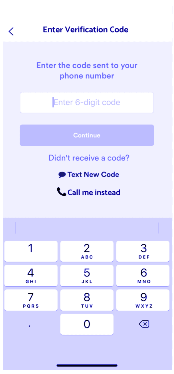 Verification code entry screen with options to text a new code or receive a call.