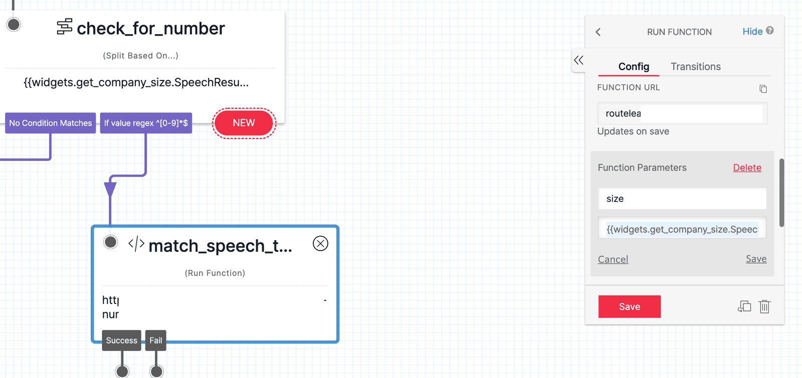 Twilio Studio Tutorial Route Leads Run Function widget with configuration panel to the right showing function parameters.