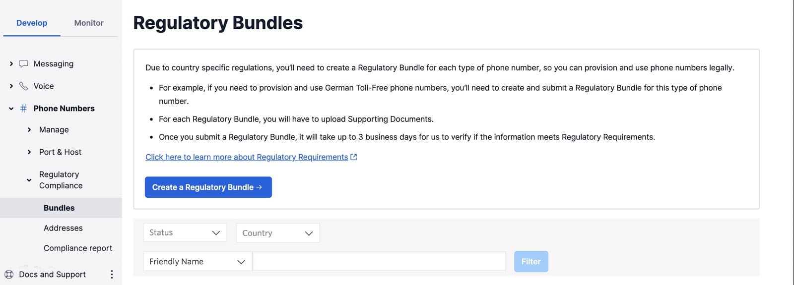 Twilio Console page for creating a new regulatory bundle with instructions and filter options.