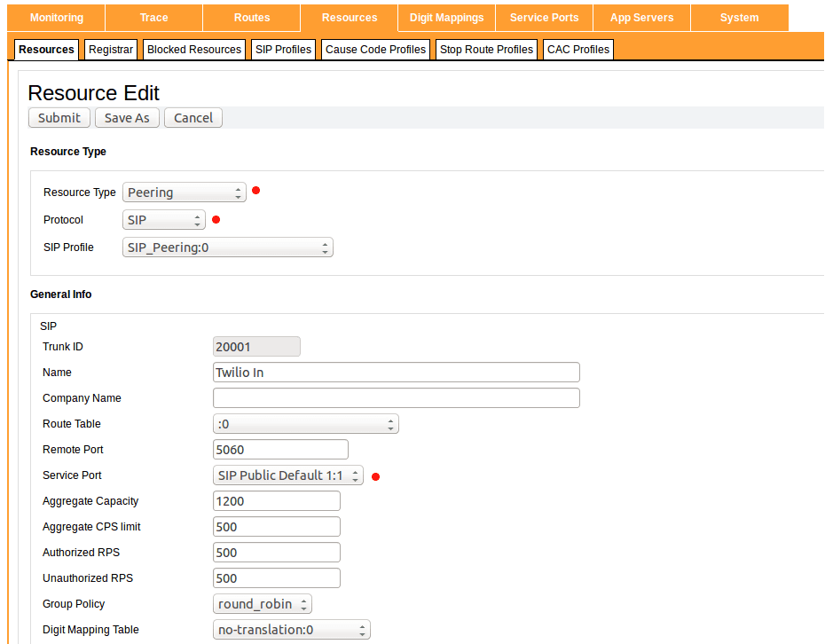 Sansay Resource Edit screen showing SIP trunk configuration with peering and protocol settings.