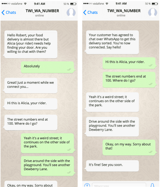 WhatsApp chat between customer and rider coordinating delivery location.