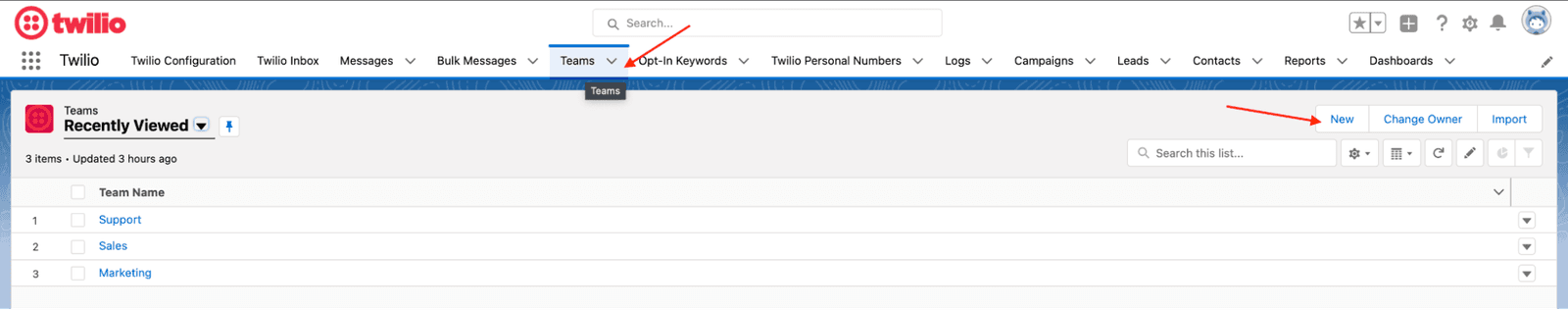 Twilio Teams page showing options for Support, Sales, and Marketing with a New button highlighted.