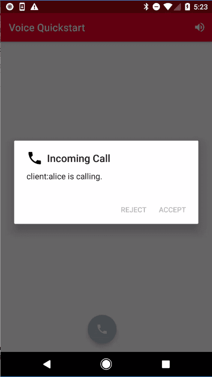 Incoming call alert from client Alice with options to reject or accept.