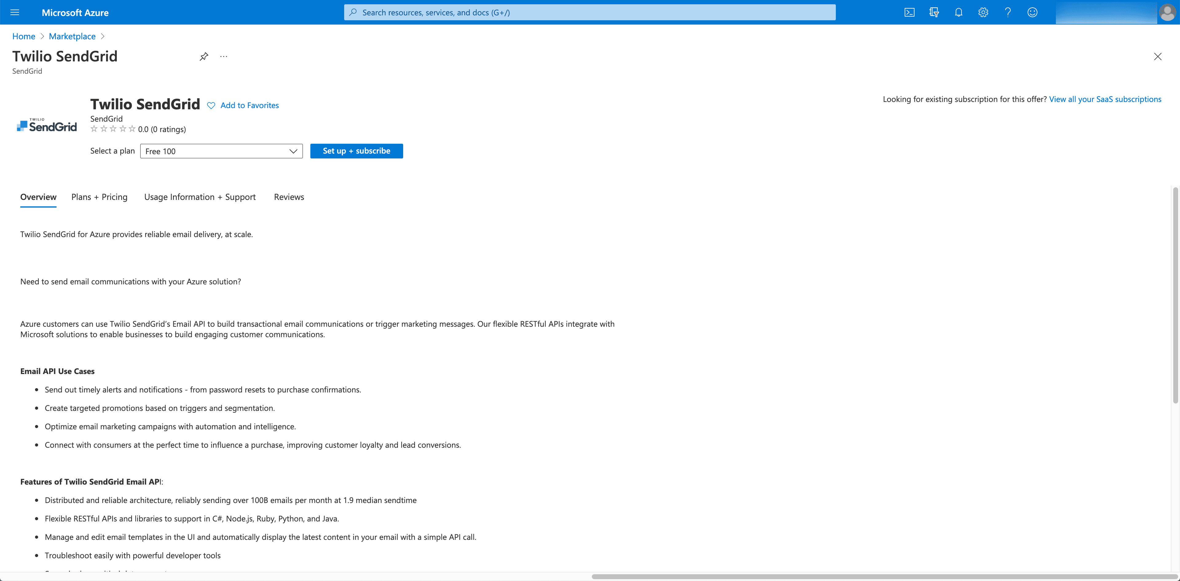 Twilio SendGrid Azure integration page with 'Setup + Subscribe' button.