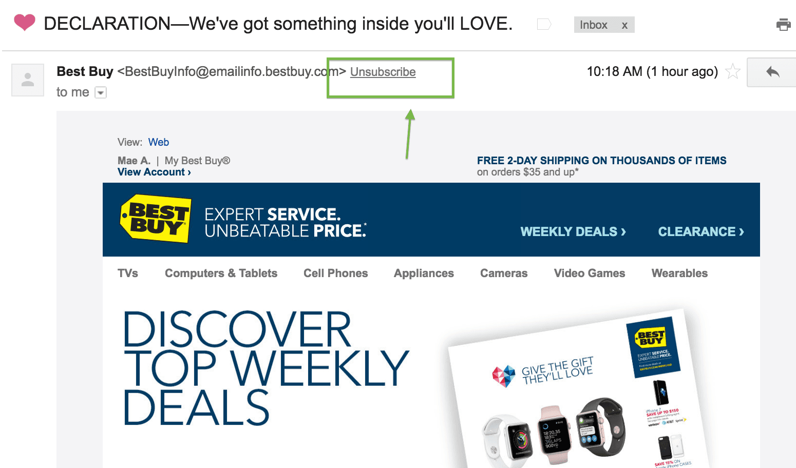 Email from Best Buy with unsubscribe link highlighted.