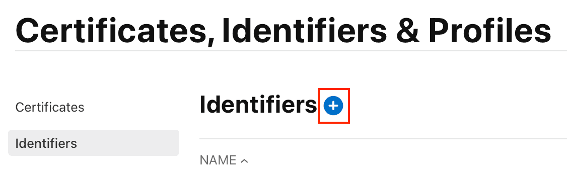Identifiers section with a blue plus button for adding new entries under Certificates, Identifiers & Profiles.