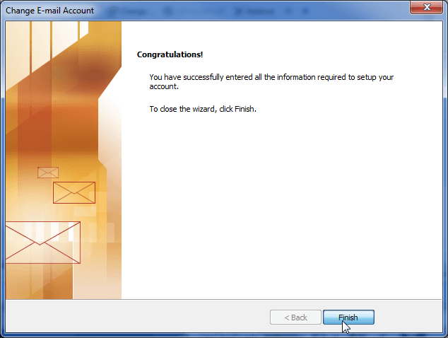 Outlook setup completion screen with Finish button highlighted.