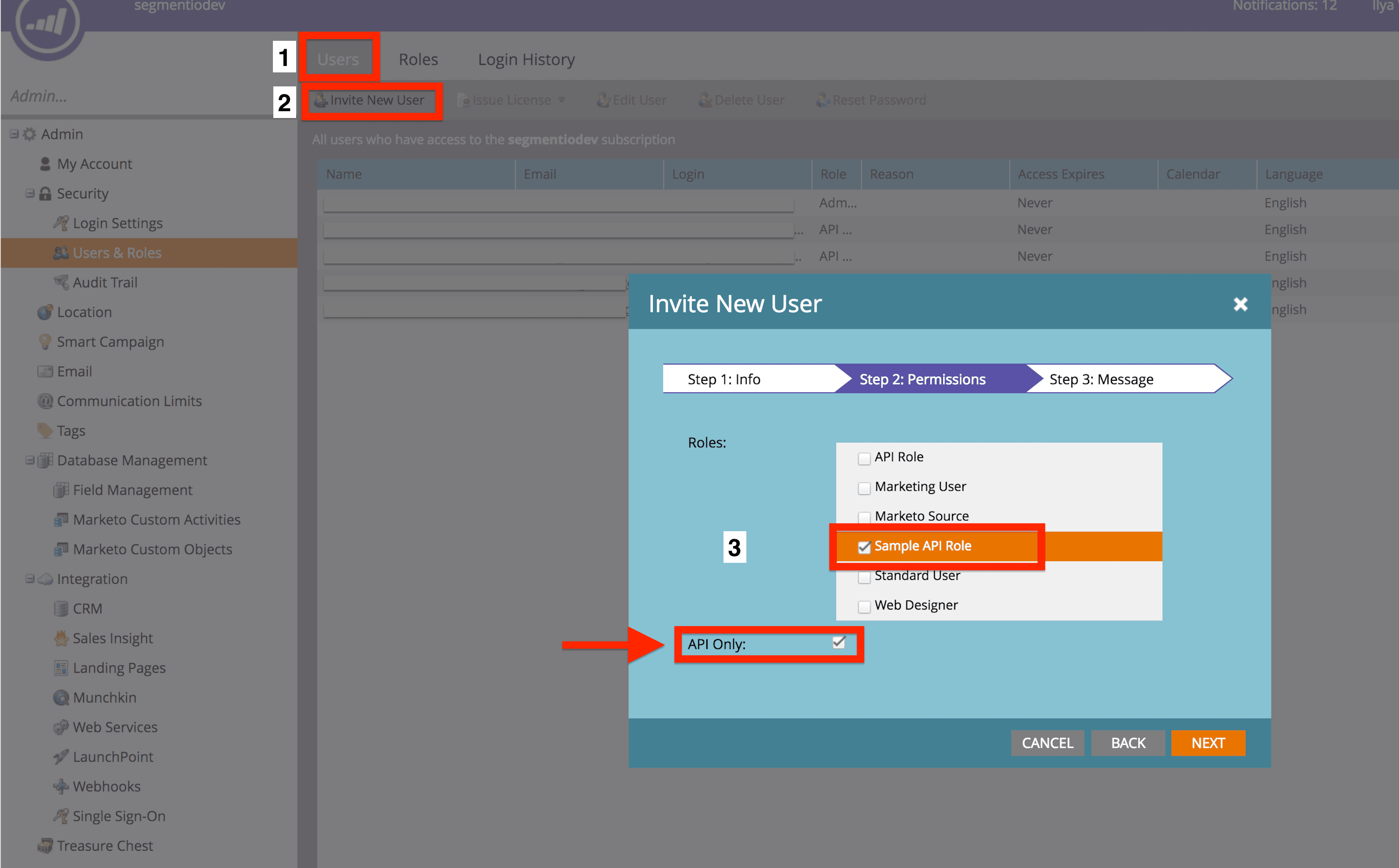 A screenshot of the Invite New User popup in Marketo.