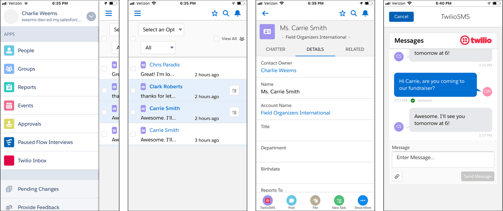Twilio integration in Salesforce Mobile showing apps, contacts, and messaging.