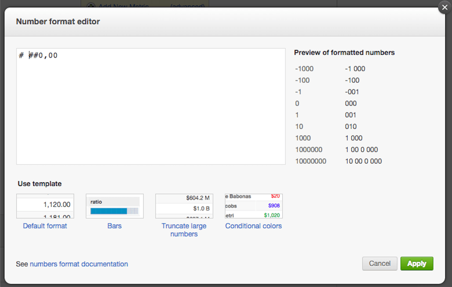 Number format editor with templates and formatted number preview.