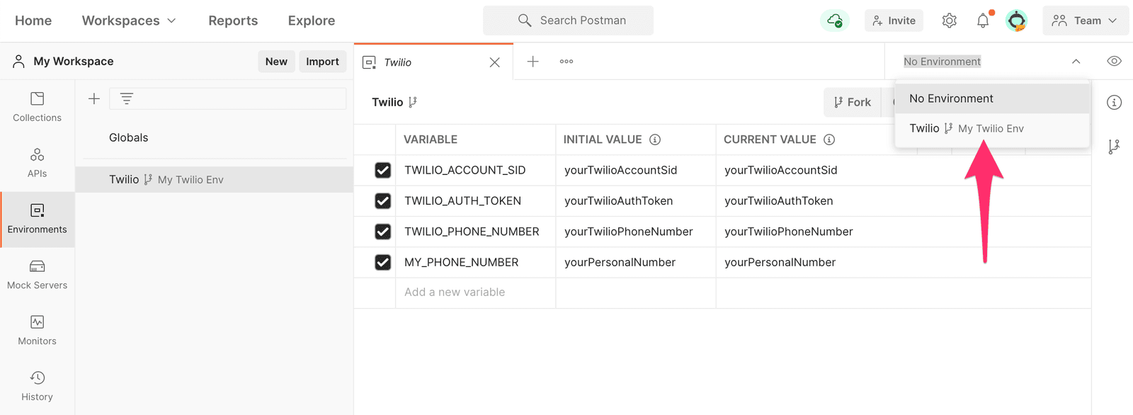 Environment selector menu showing options 'No Environment' and 'Twilio My Twilio Env'.