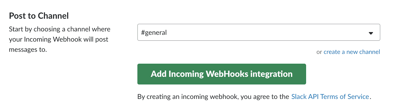 Slack webhook setup with channel selection and integration button.