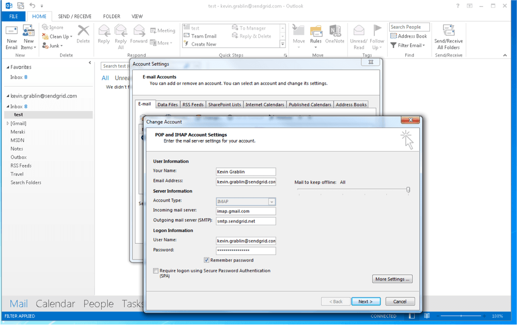 Outlook 2013 account settings showing IMAP configuration for SendGrid.