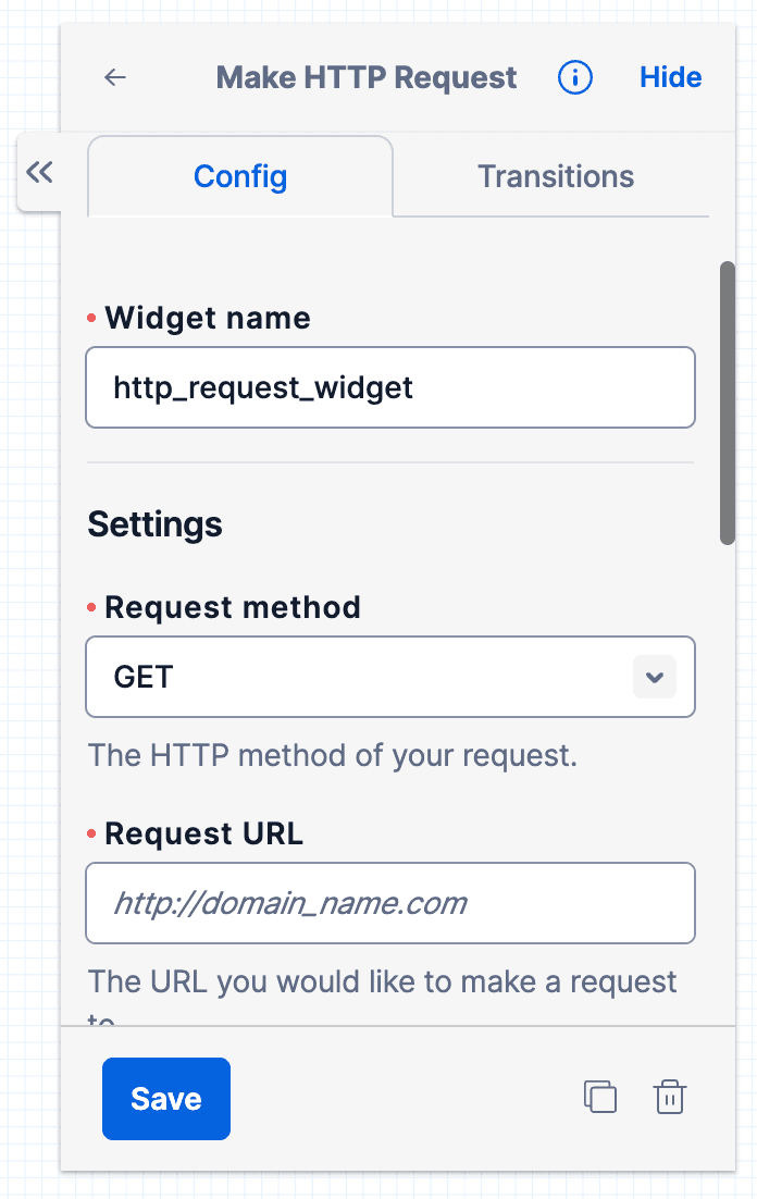 Configuration for 'http_request_widget': 'GET' method selected, with a Request URL field below.