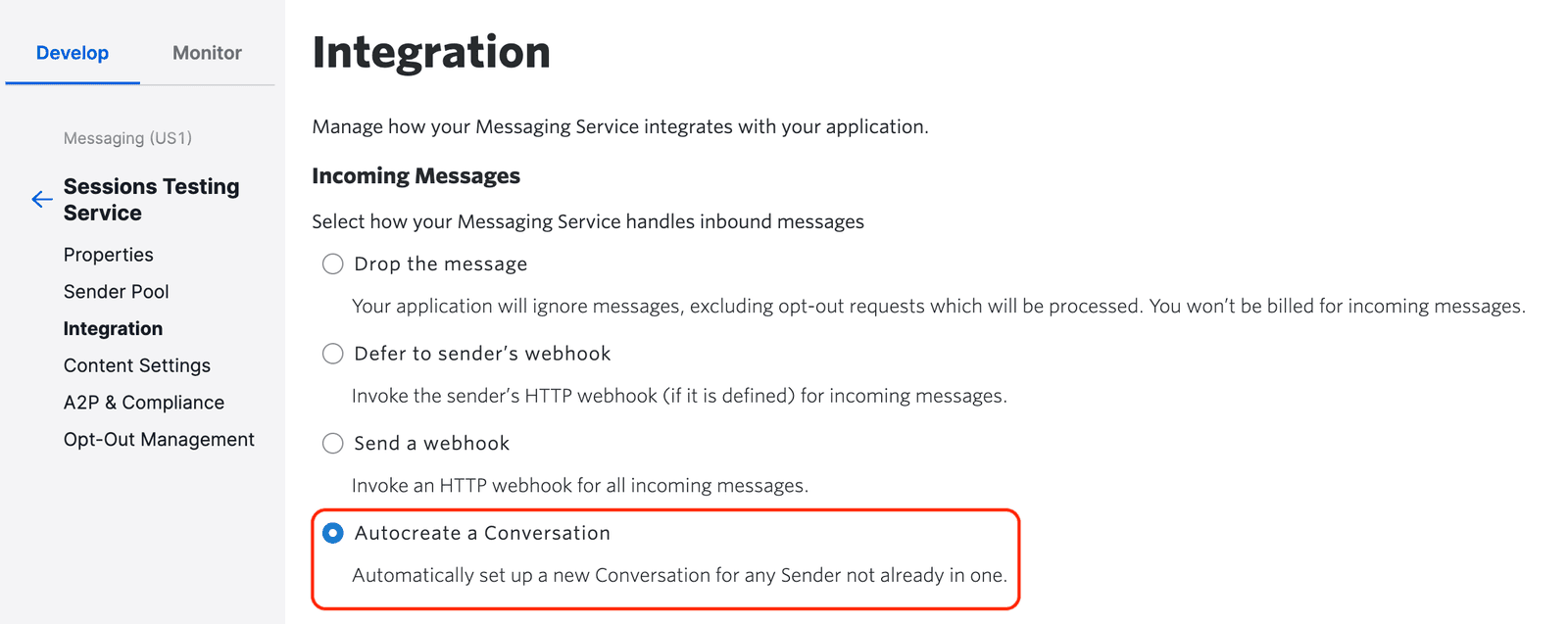 Autocreate a Conversation' selected for handling inbound messages in Messaging Service integration.