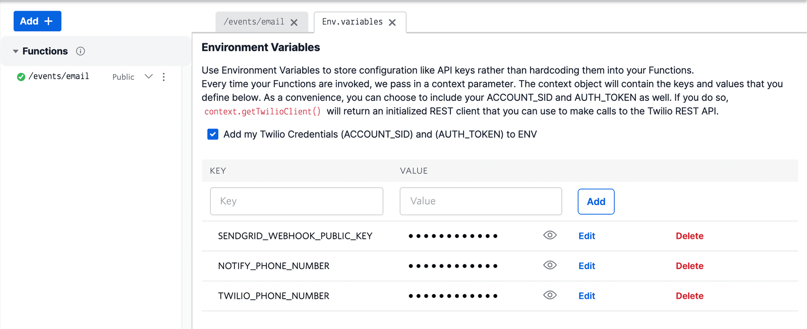 Environment variables interface showing SendGrid webhook key and Twilio credentials options.