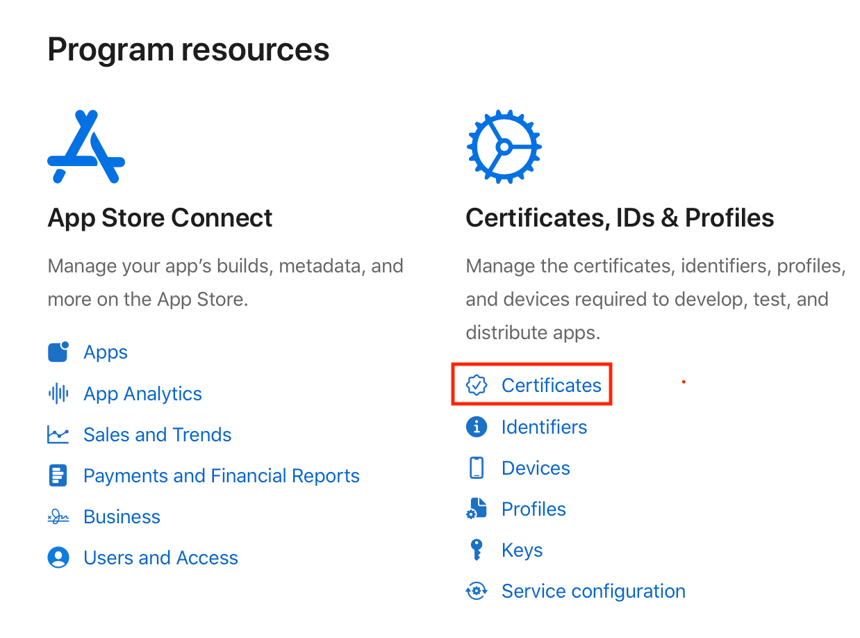App Store Connect resources and Certificates, IDs & Profiles management options for app development and testing.