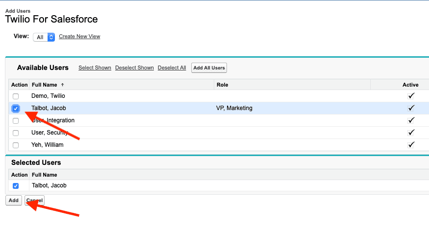 Select users for Twilio Salesforce package, with Jacob Talbot highlighted and added.