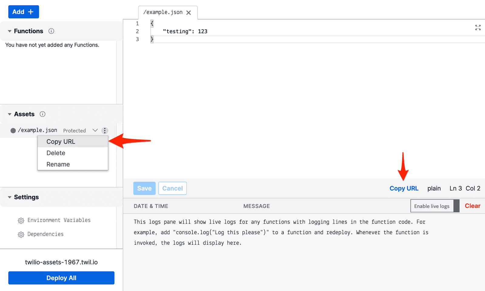 Menu option to copy URL of example.json asset in Twilio console.