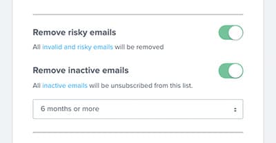 Options to remove risky and inactive emails with toggle switches.