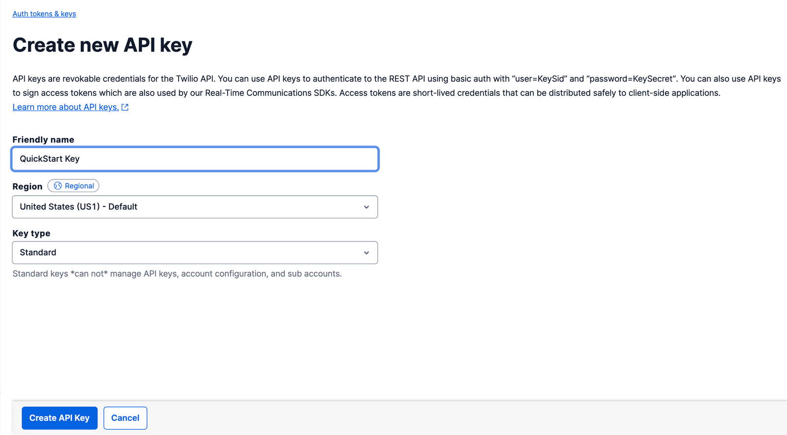 Form to create a new Twilio API key with fields for friendly name, region, and key type.