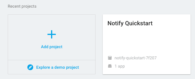 Firebase dashboard showing Notify Quickstart project with one app.