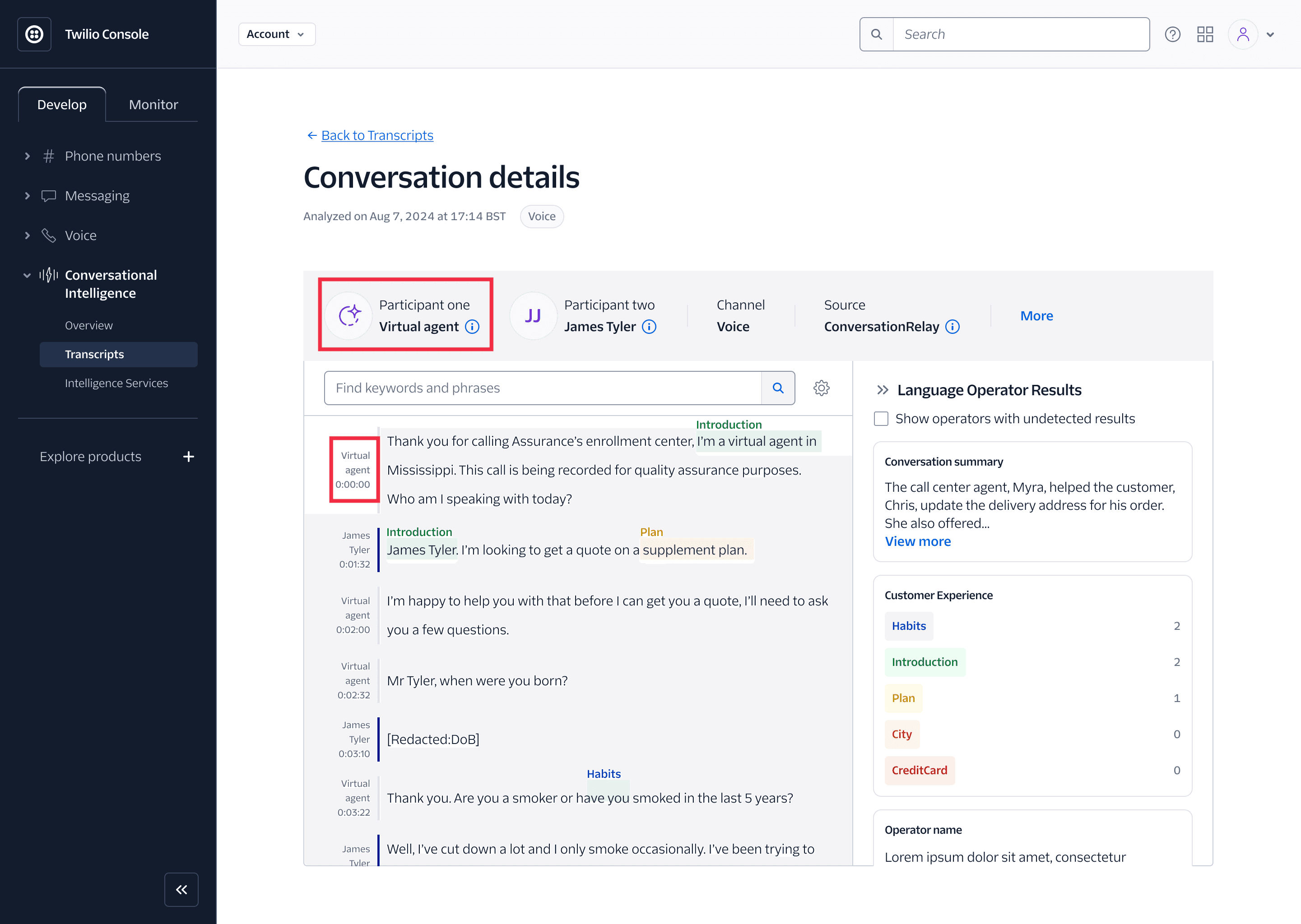 Conversation details showing a transcript with a virtual agent and James Tyler.