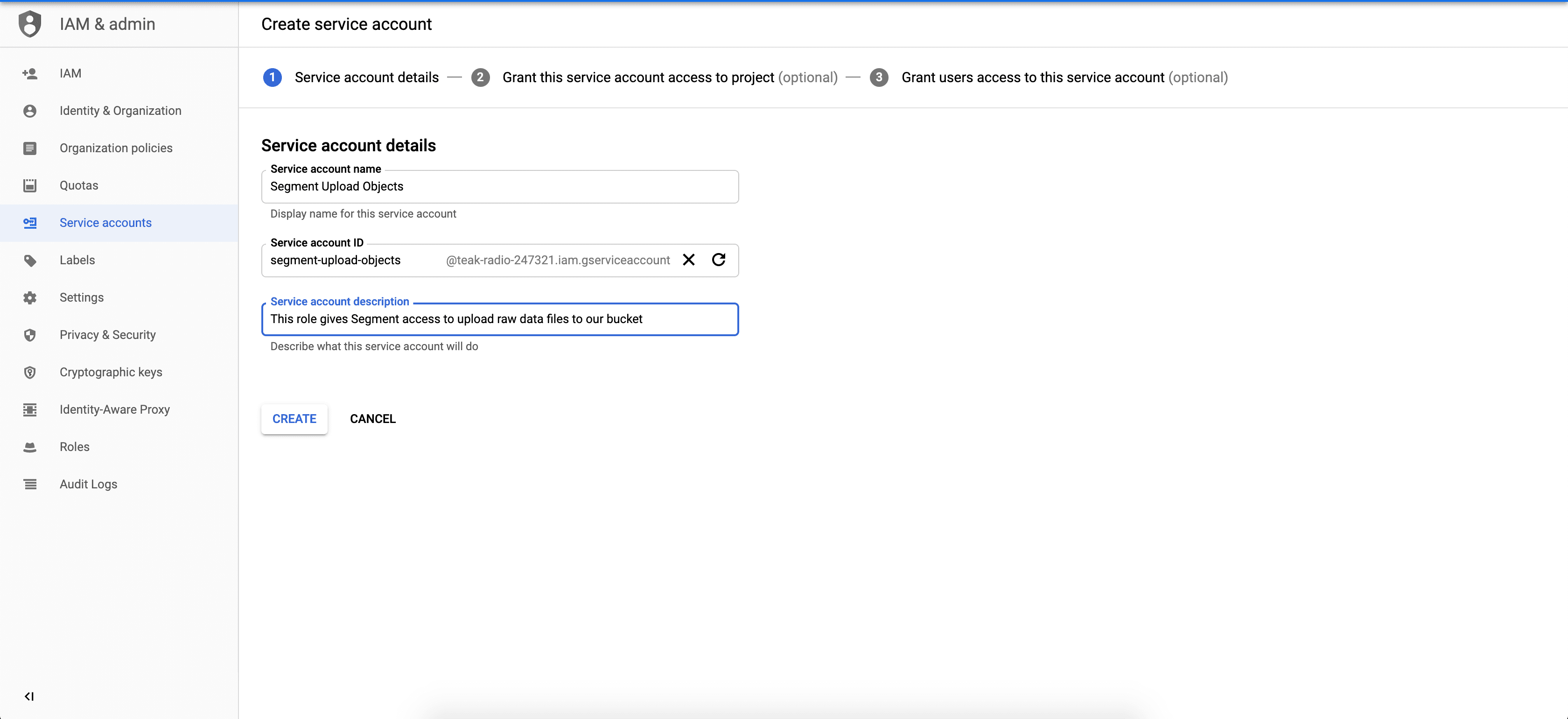 Screenshot of the Create service account setup flow in Google Cloud.