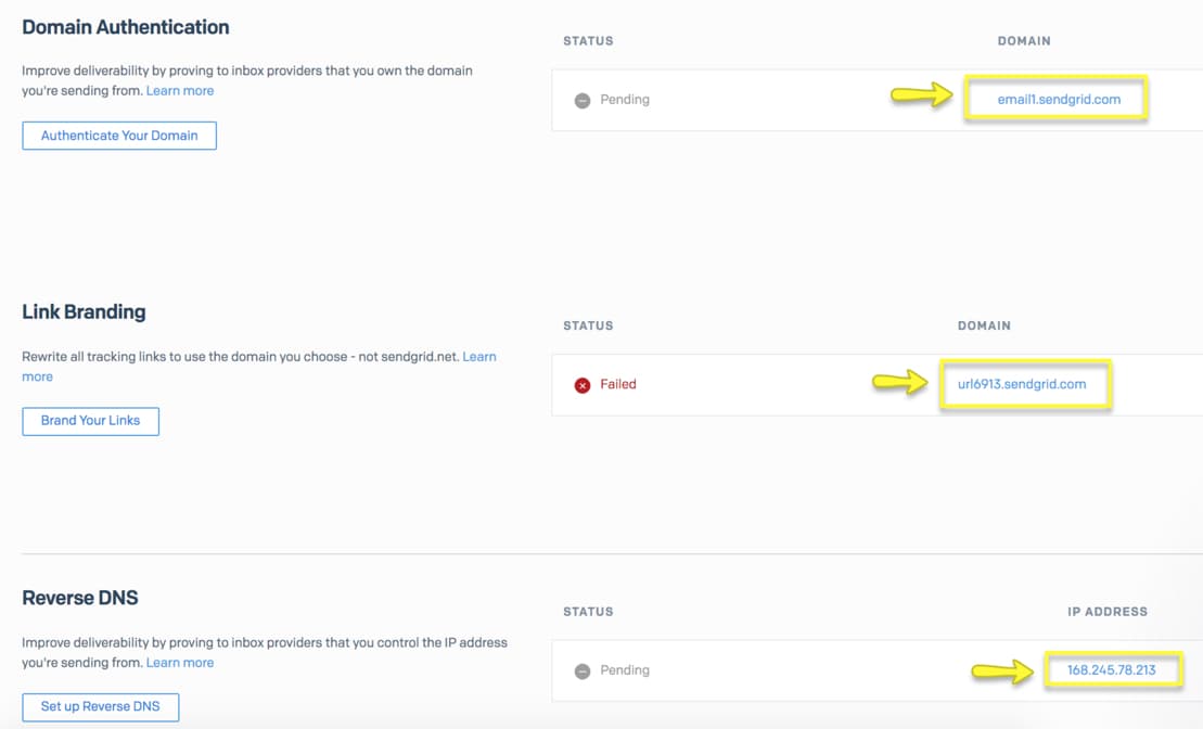 DNS records showing email1.sendgrid.com pending, url6913.sendgrid.com failed, IP 168.245.78.213 pending.
