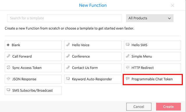 New function template selection with Programmable Chat Token highlighted.