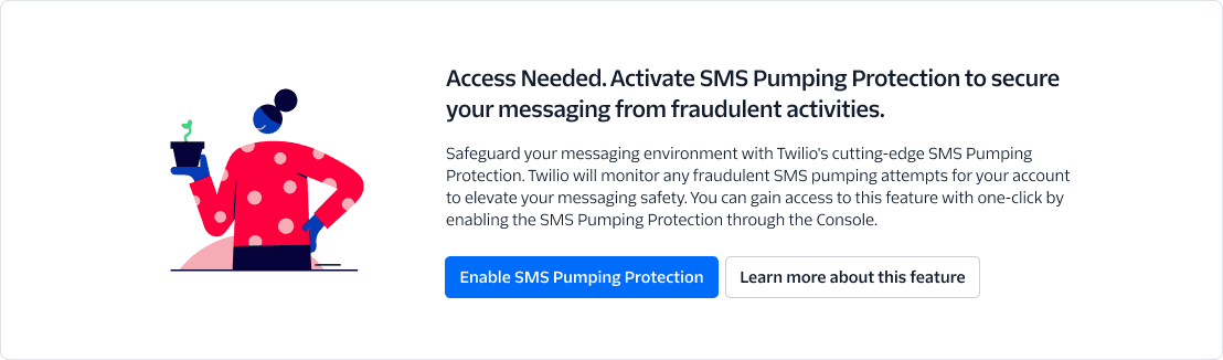 SMS Pumping Protection Insights showing 65,313 blocked attempts and $11,400 estimated cost savings.