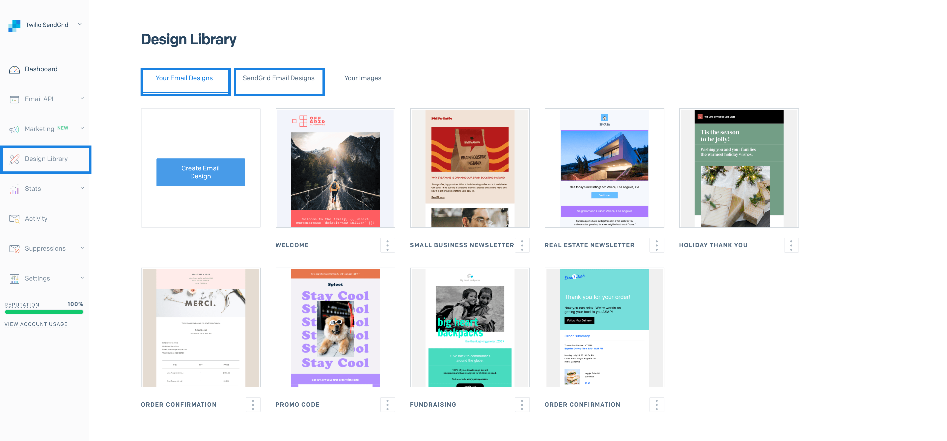 The Design Library tabs to select between your designs and the pre-built designs.