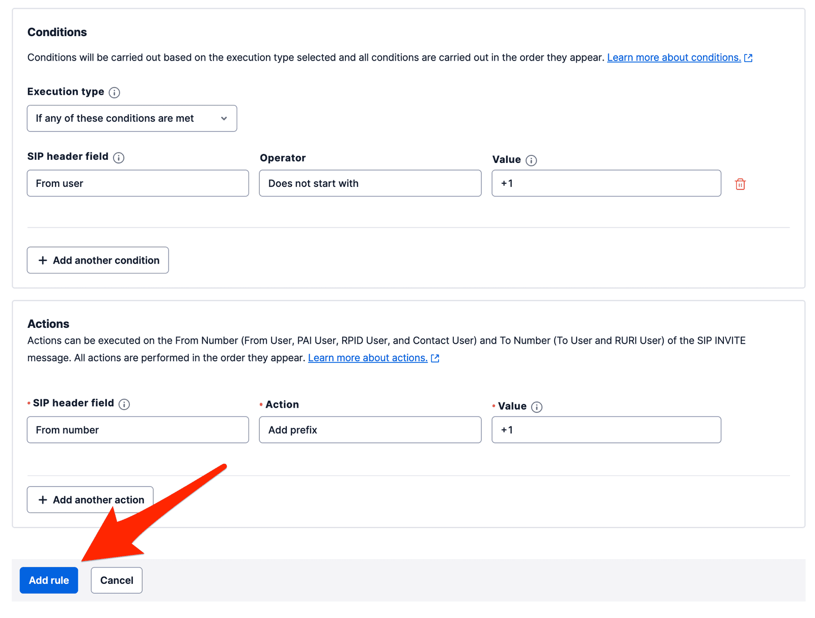 SIP trunking rule setup with conditions and actions, highlighting Add rule button.