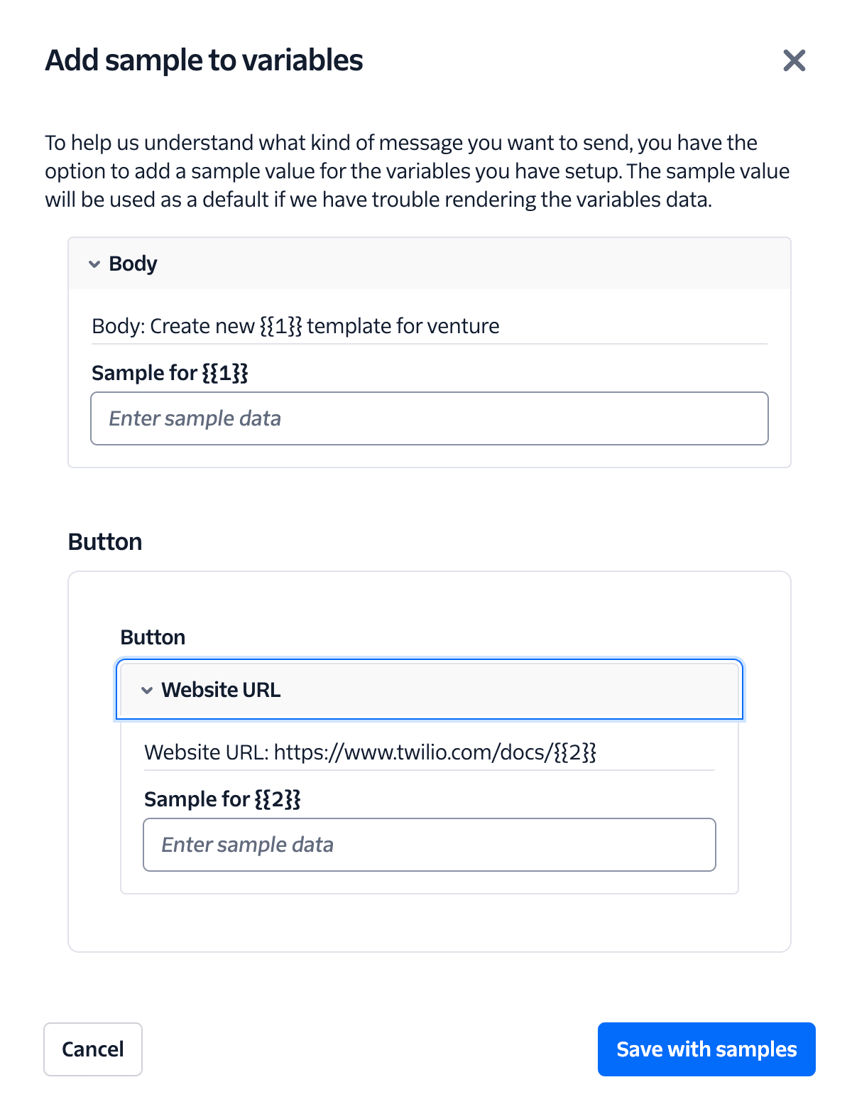 Form to add sample data for message templates and button URLs with input fields and save option.