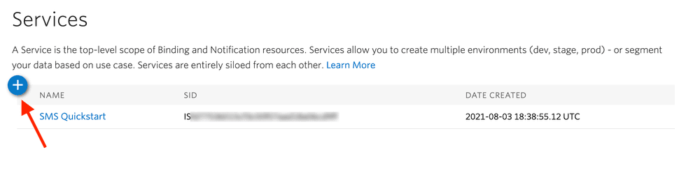 Services table with SMS Quickstart entry and add service button highlighted.