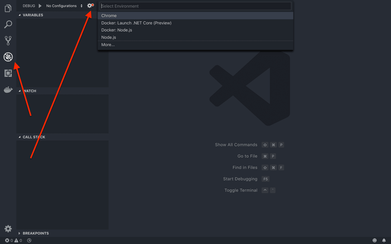 VSCode debug panel with environment selection menu open, showing options like Chrome and Node.js.