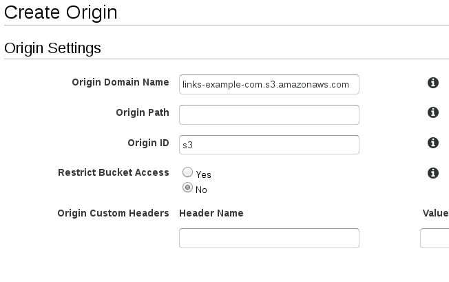 Create Origin form with fields for domain name, path, ID, and bucket access settings.