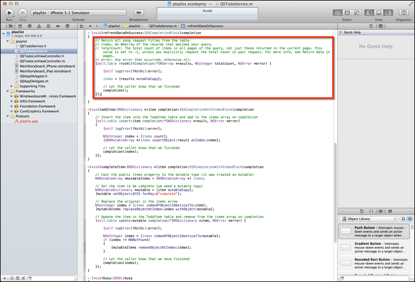 Xcode interface showing a code snippet for refreshing data on success in QSTodoService.m.