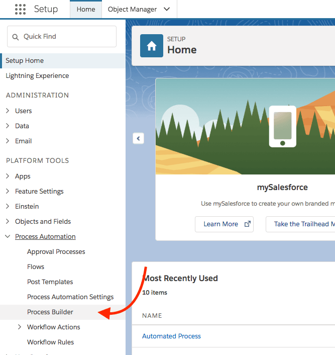 Salesforce setup page with Process Builder highlighted under Process Automation.